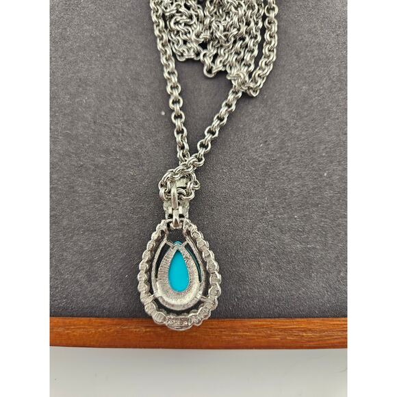 Avon Silver Tone Turquoise Teardrop Pendant On Rope Chain Extra Long Necklace - Picture 3 of 3
